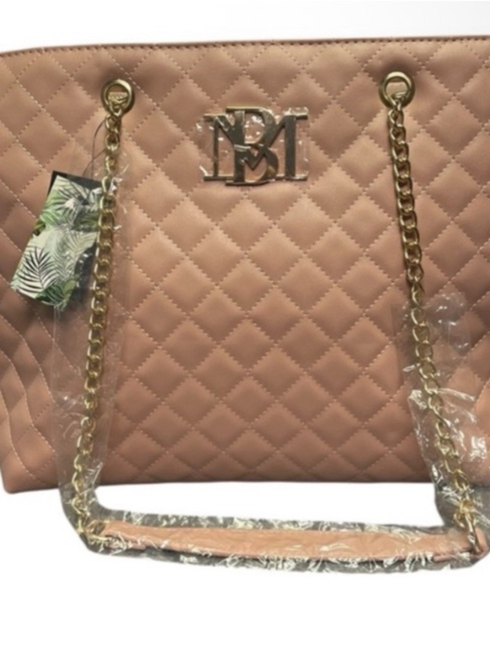 Badgley Mischka Quilted Blush Tote with Gold Chain Handles - Picture 2 of 4